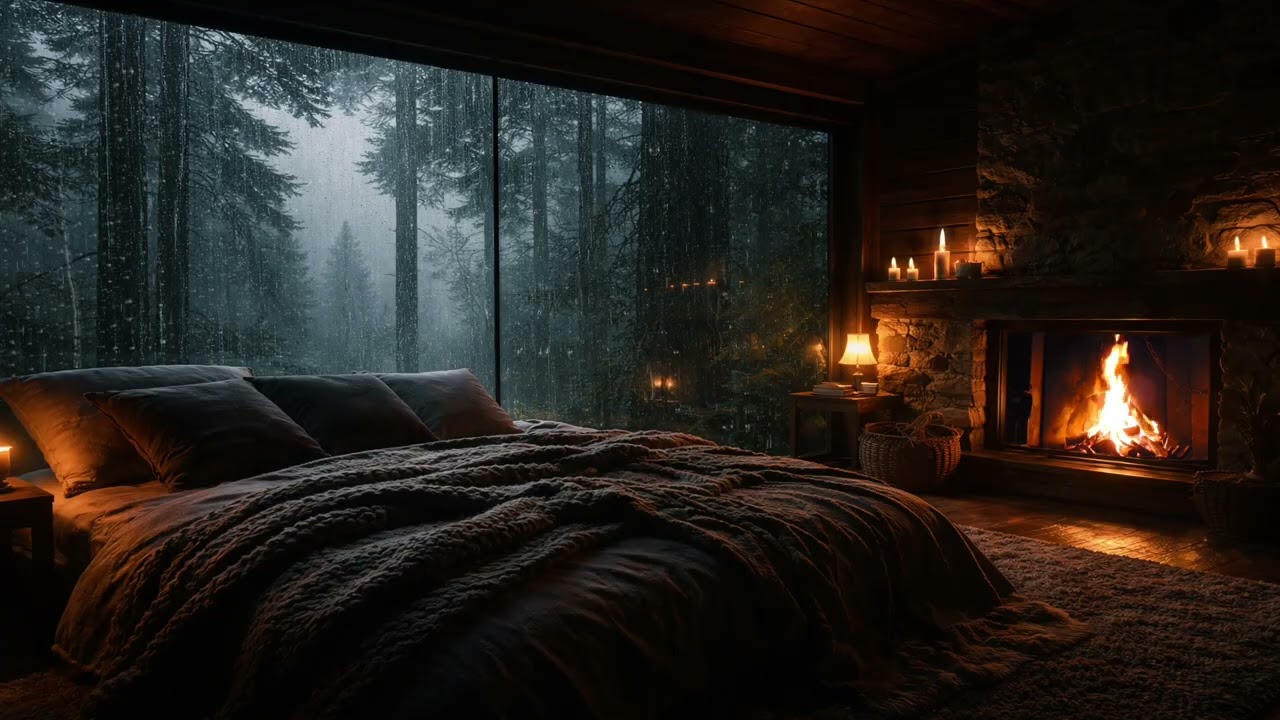 Rain Sounds & Crackling Fire 🌧️🔥 Deep Sleep, Relaxation & Stress Relief in a Cozy Bedroom