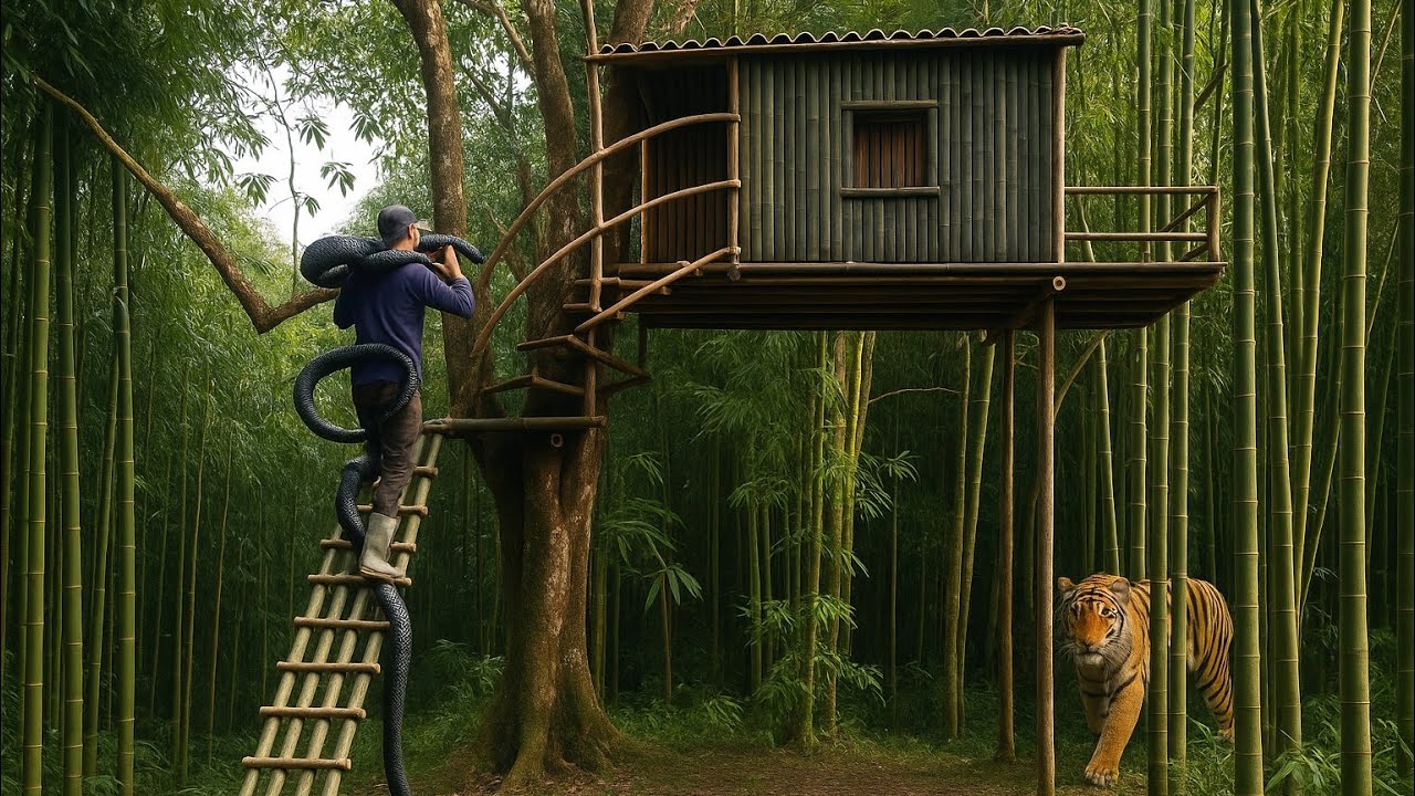 Built a Bamboo Treehouse with Campfire to Survive Wild Animal Attacks
