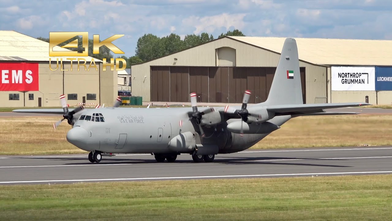 (4K) Lockheed L-100-30 Hercules C-130 UAE Air Force 1215 departure RAF Fairford RIAT 2023 Airshow