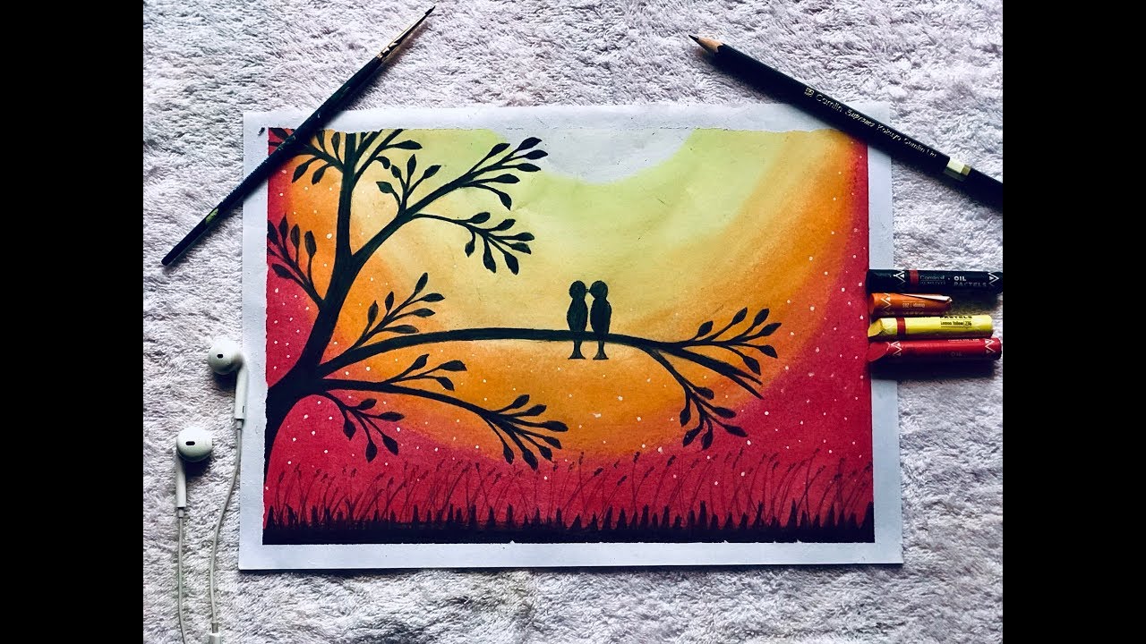 Easy Oil Pastel Drawing For Beginners | Lovebirds In A Sunset Step By Step Tutorial