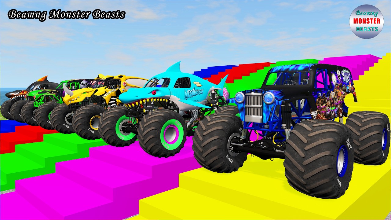 Monster Truck Transport on Triple Flatbed Trailer &ndash; BeamNG Monster Beasts #262