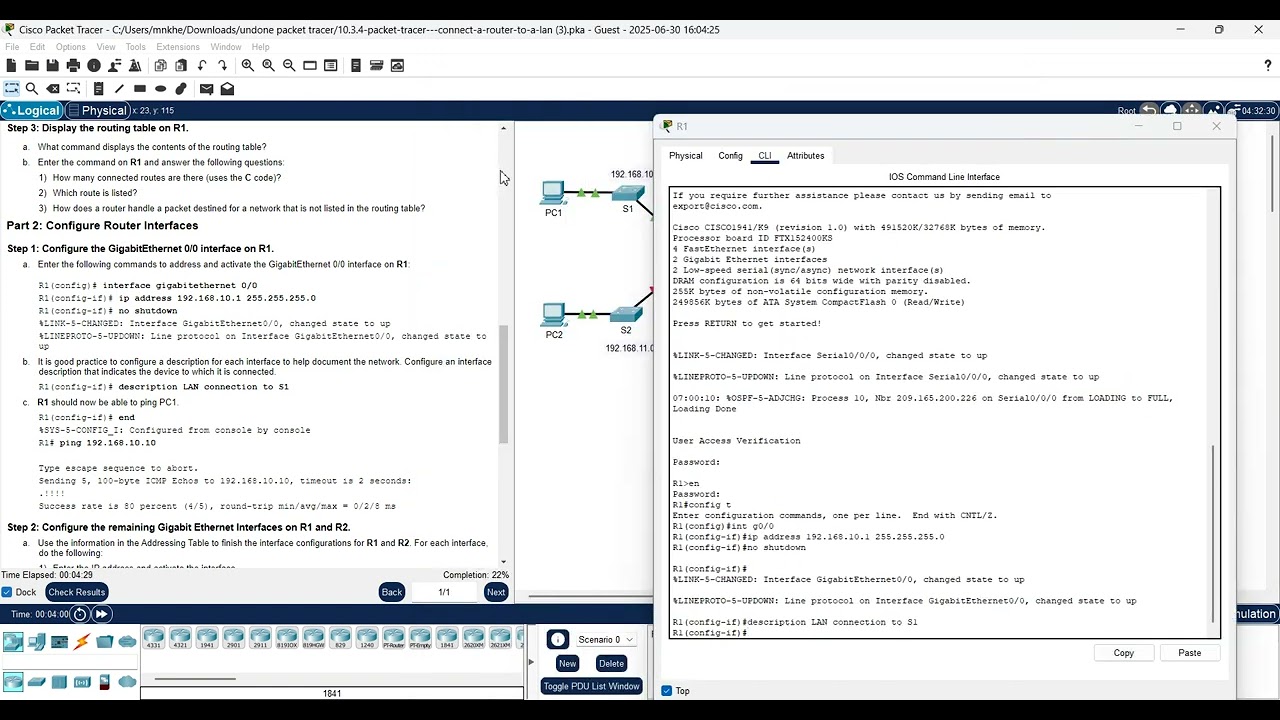 Packet Tracer  10.3.4- Connect a Router to a LAN