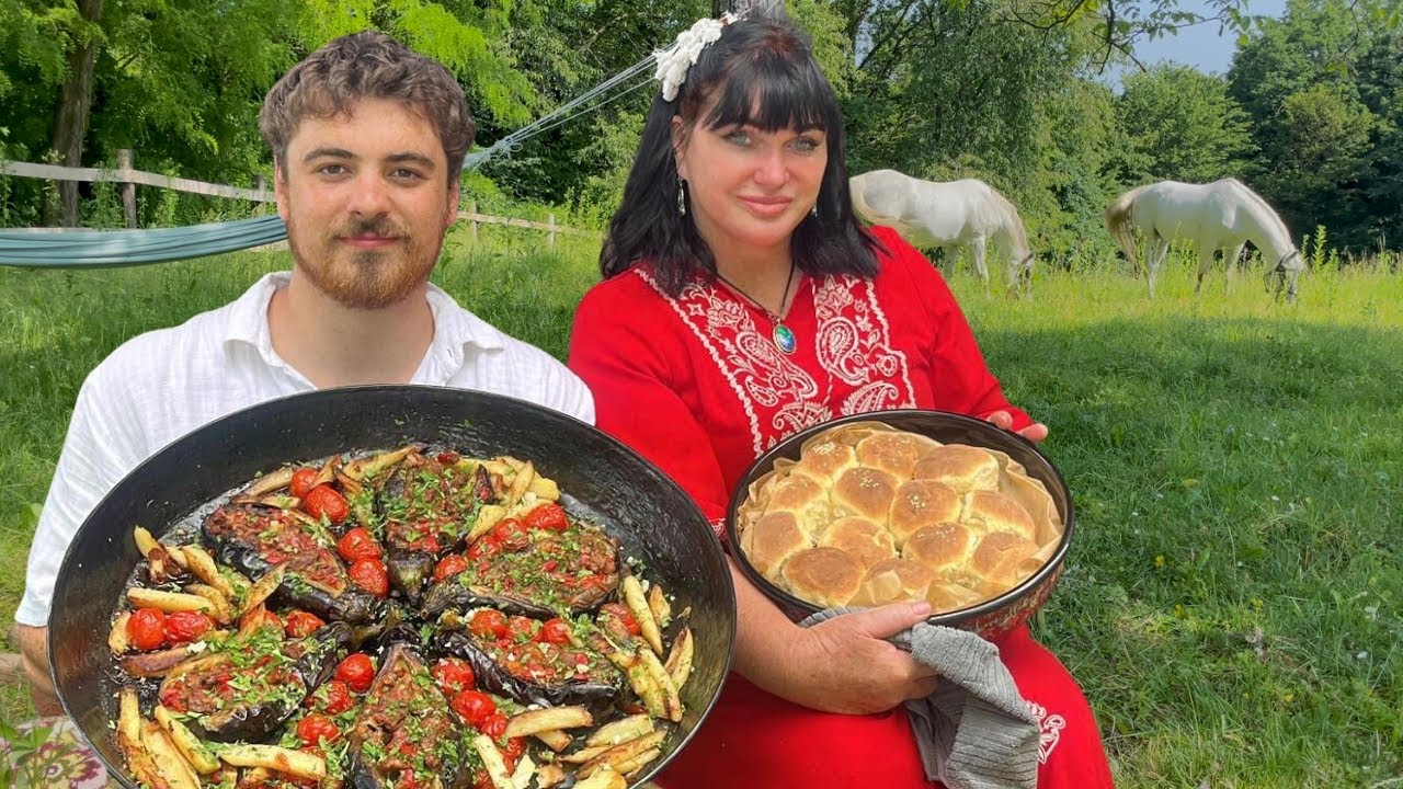 Stuffed Eggplant (Dolma) and the Softest Dinner Bread Rolls in an Outdoor Fire Oven