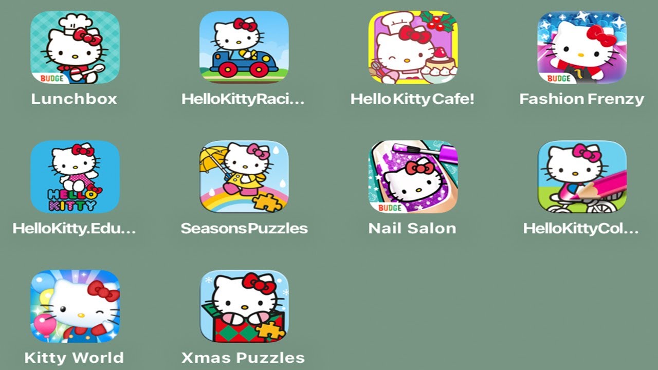 Hello Kitty World,Hello Kitty Lunchbox,Racing Adventures,Hello Kitty Cafe,Fashion Frenzy,Nail Salon