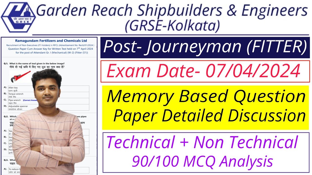 GRSE Journeyman Fitter Question Paper 07/04/2024 | GRSE Fitter Question Paper 2024 Analysis #grse