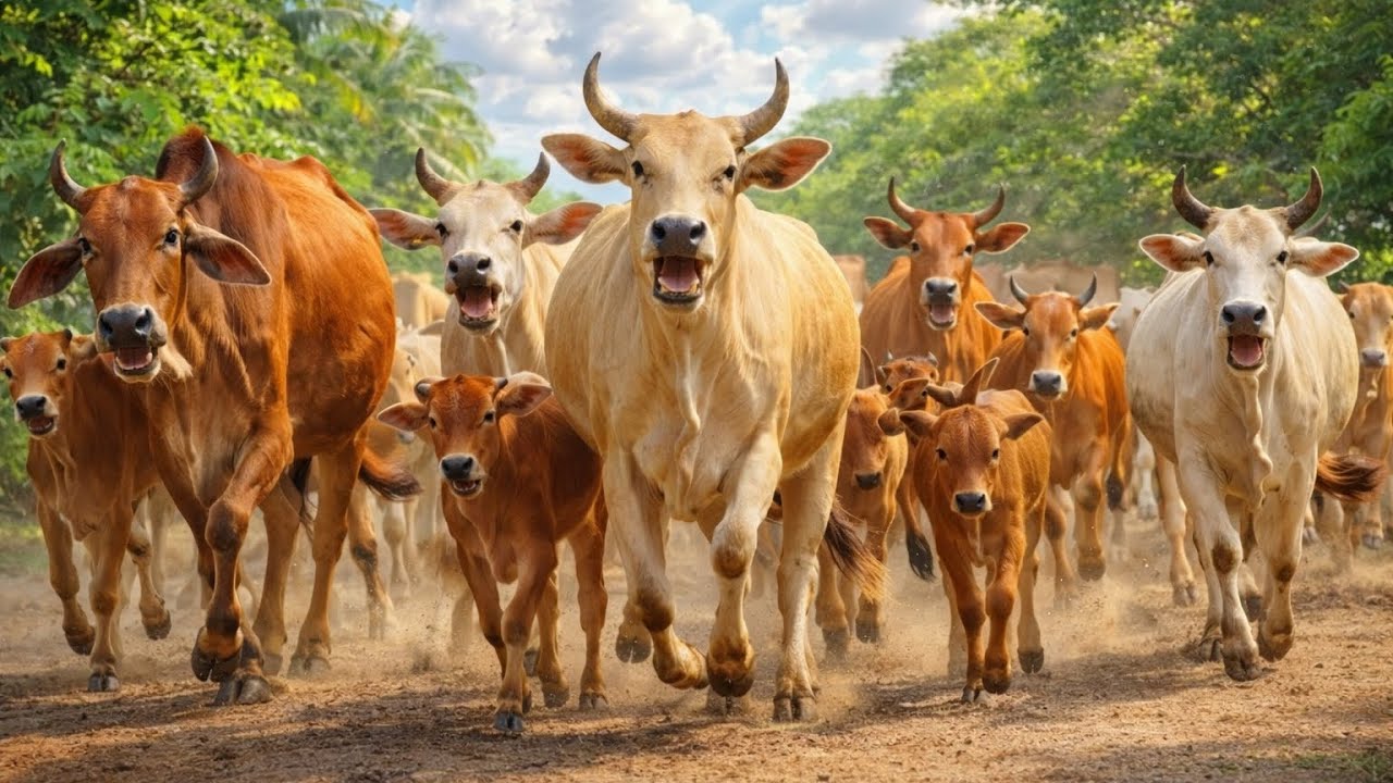 Joyful Herd: Dozens of Cows Walking and Grazing Happily Together