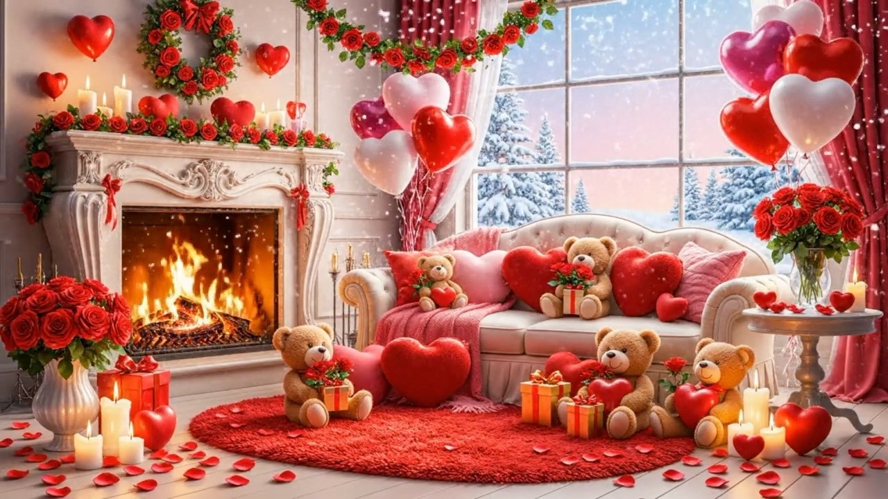 Cozy Valentine's Day Fireplace 🌹❤️ Romantic Living Room Ambient Music with Crackling Fire Sound💖