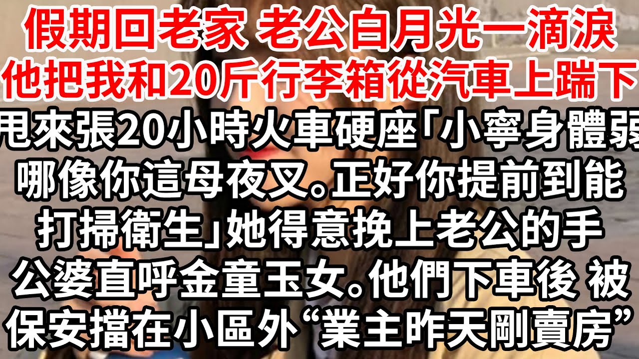 假期回老家 老公白月光一滴淚，他把我和20斤行李箱從汽車上踹下。甩來張20小時火車硬座「小寧身體弱，哪像你這母夜叉。正好你提前回去打掃衛生」她得意挽上老公的手，公婆直呼金童玉女
