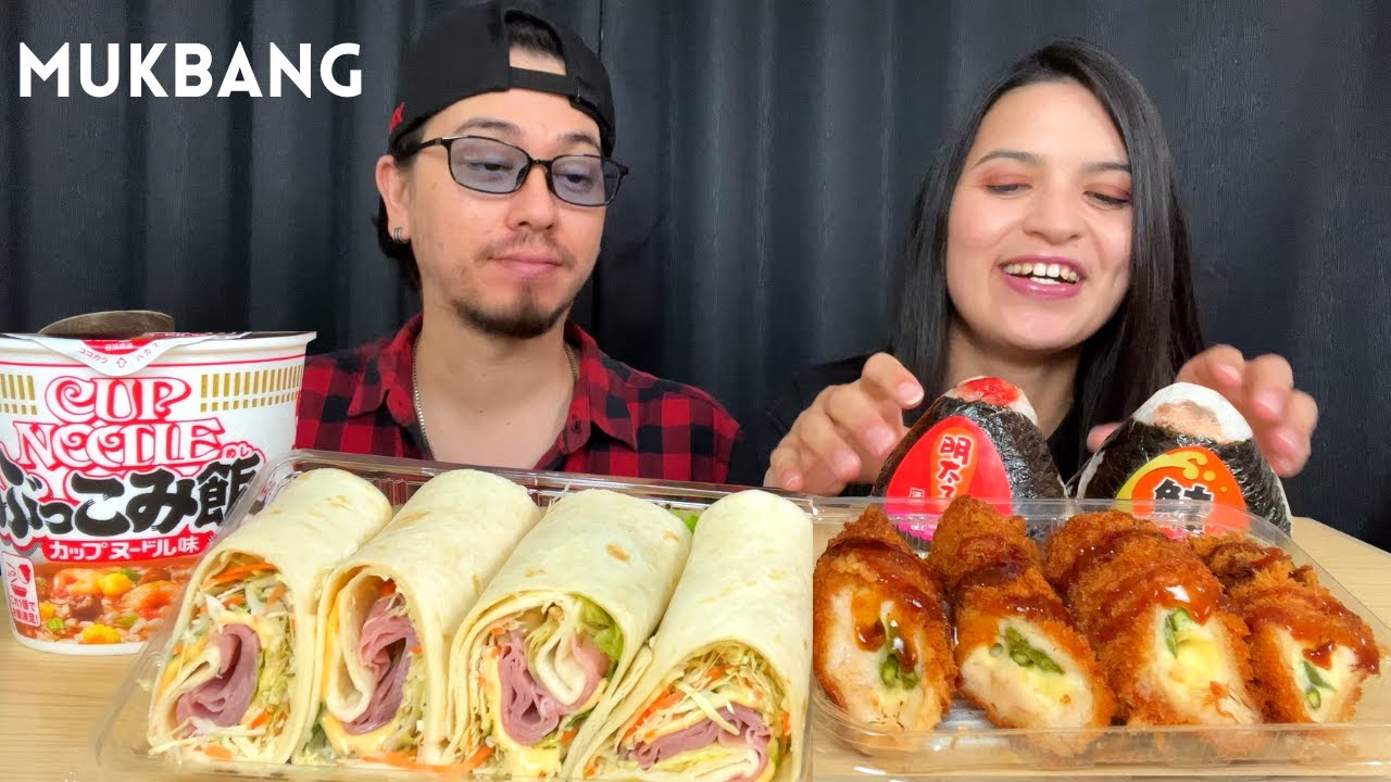 ASMR MUKBANG FRANGO RECHEADO CUP RICE TORTILLAS PRESUNTO QUEIJO ONIGIRI DE SALMÃO