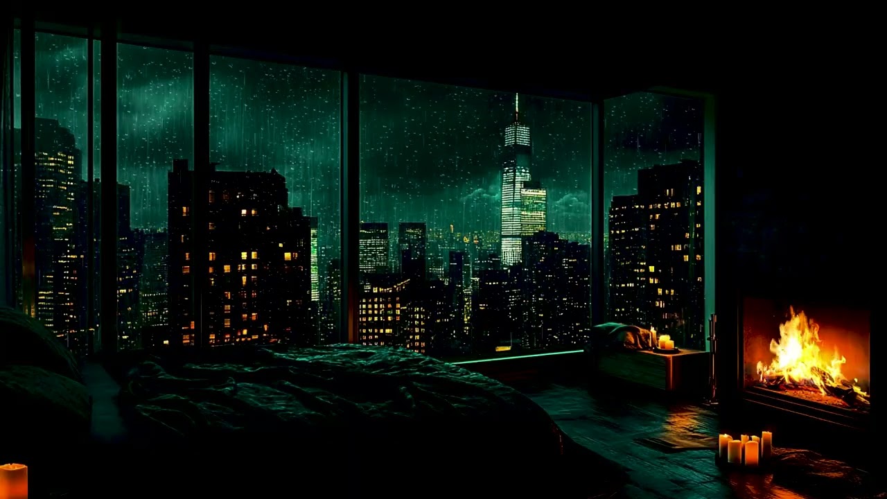 Calming Thunder Waves for Deep Rest – Warm Fireplace Soundscape 🌧️ Rainy Window Night