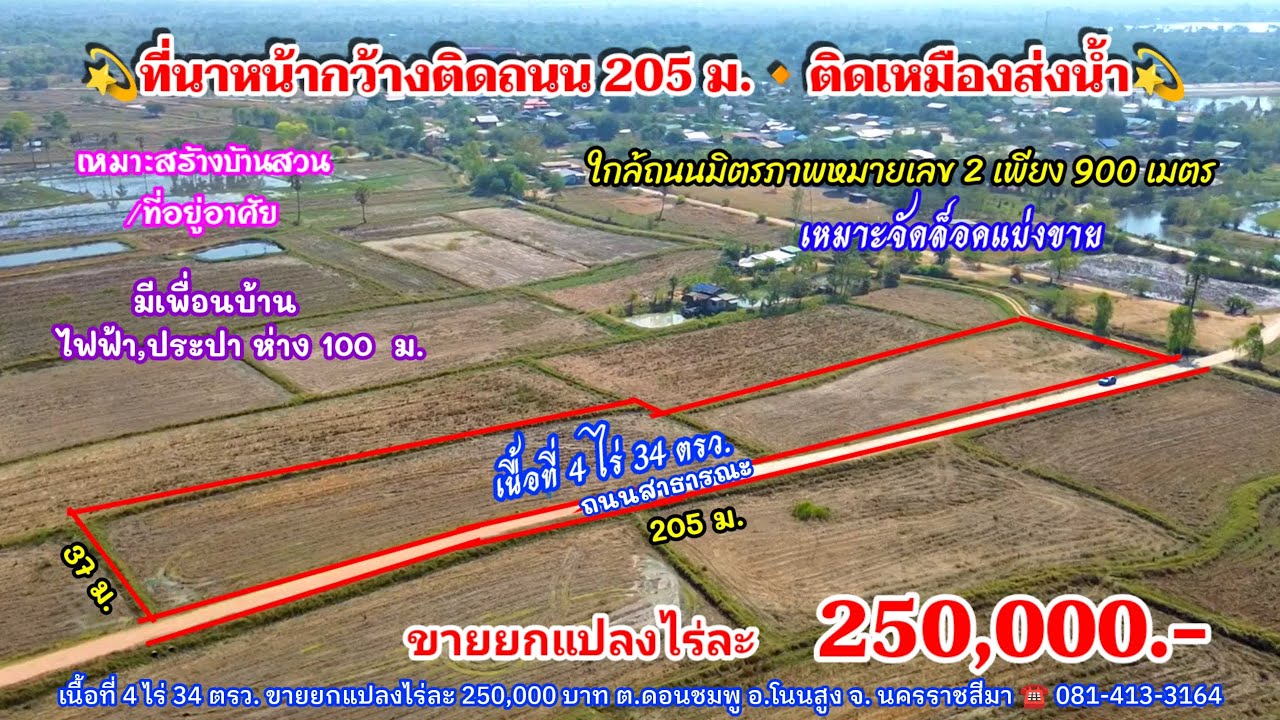 Ep.2513 ที่นาหน้ากว้าง 205 ม. ใกล้ถนนมิตรภาพเพียง 900 ม.โฉนด 4 ไร่ 34 ตรว.ขายยกแปลงไร่ละ 250,000.- 