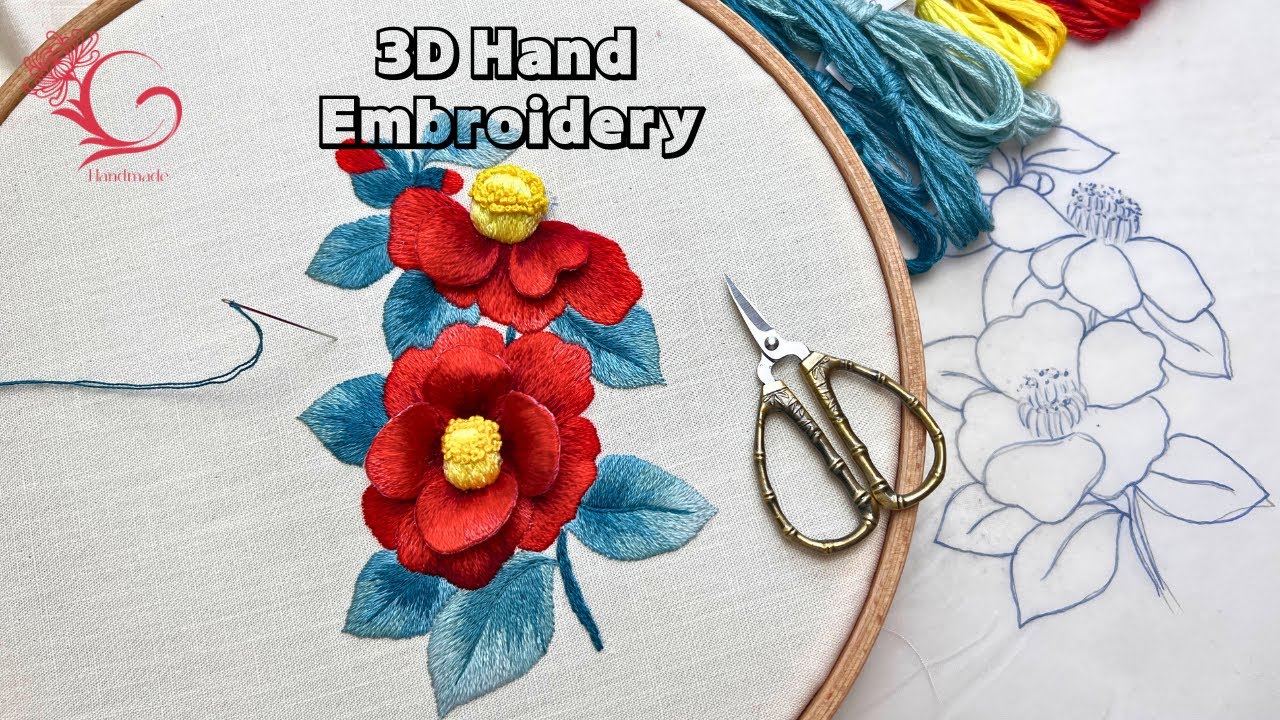 3D Camellia Embroidery Tutorial by Thread Color Code - Easy and Beautiful for Beginners