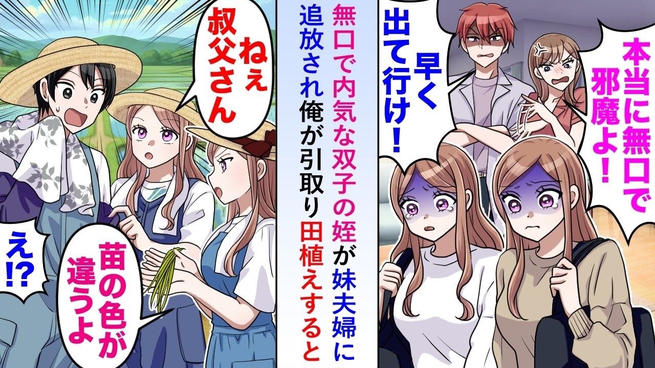 【漫画】無口で内気な双子の姪が妹夫婦に追放され俺が引き取った→一緒に田植えすると「ねえ、おじさん。苗の色が違うよ」と助言してくれた→その後も双子のいう通りにしてみると   【恋愛マンガ動画】