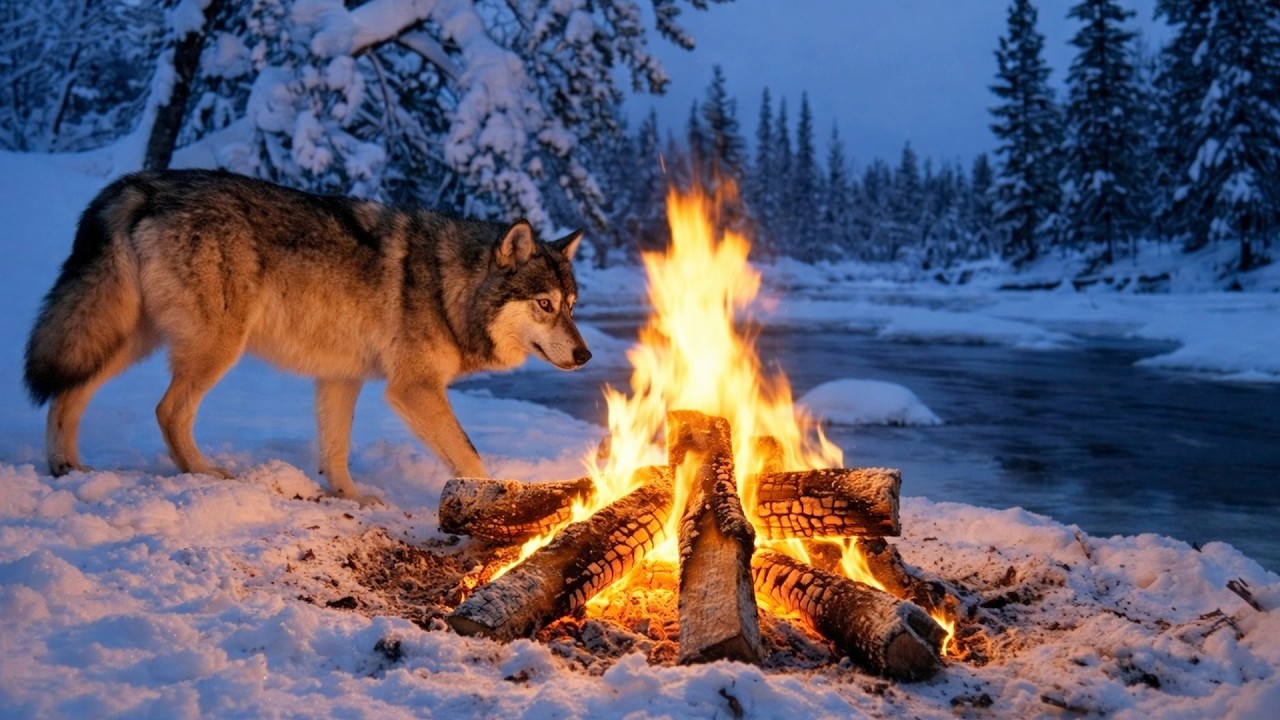 Lone Wolf and Campfire in the Snow | Relaxing Winter Scene🔥