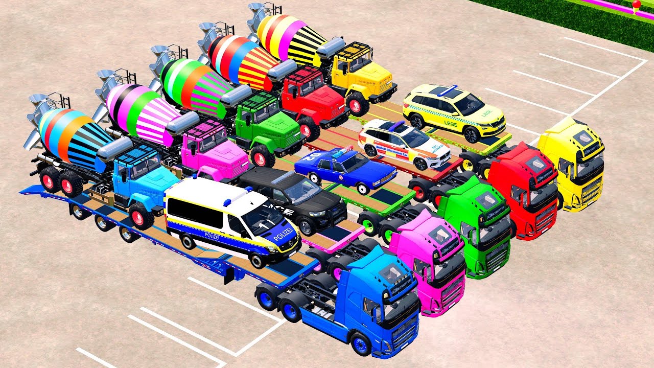 TRANSPORTING POLICE CARS, COLORFUL MIXER TRUCKS WITH TRUCK -FARMING SIMULATOR 22!