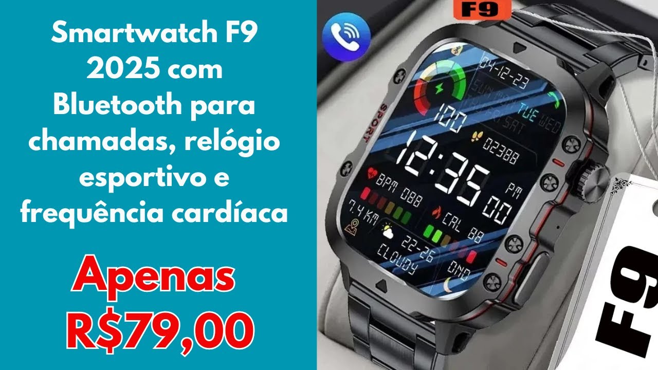 Smartwatch F9 2025 com Bluetooth para chamadas, relógio esportivo e frequência cardíaca