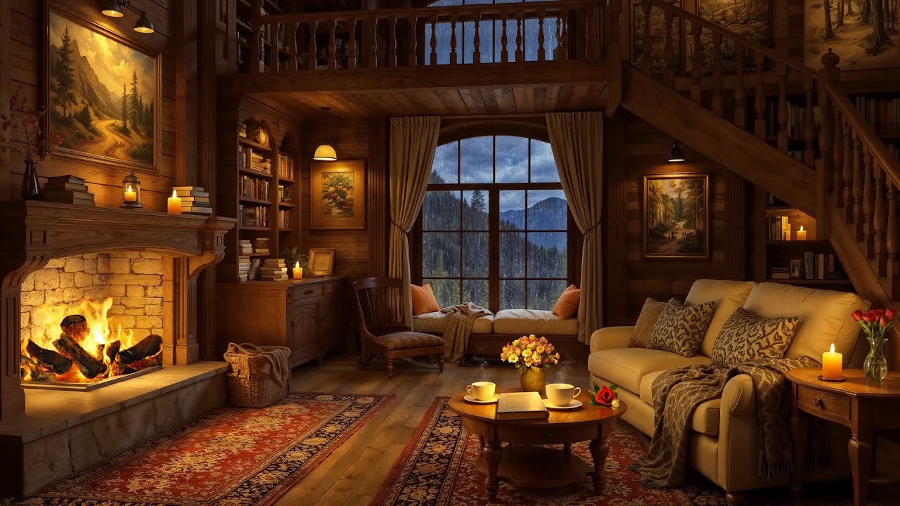 Cozy Cabin Ambience with Warm Jazz & Fireplace Sounds 🌧️ Rainy Day Vibes for Work & Study