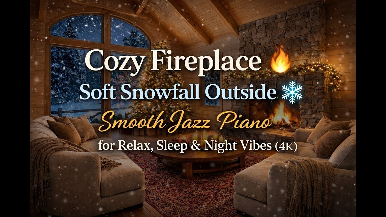Cozy Fireplace Ambience with Soft Snowfall & Smooth Jazz Piano