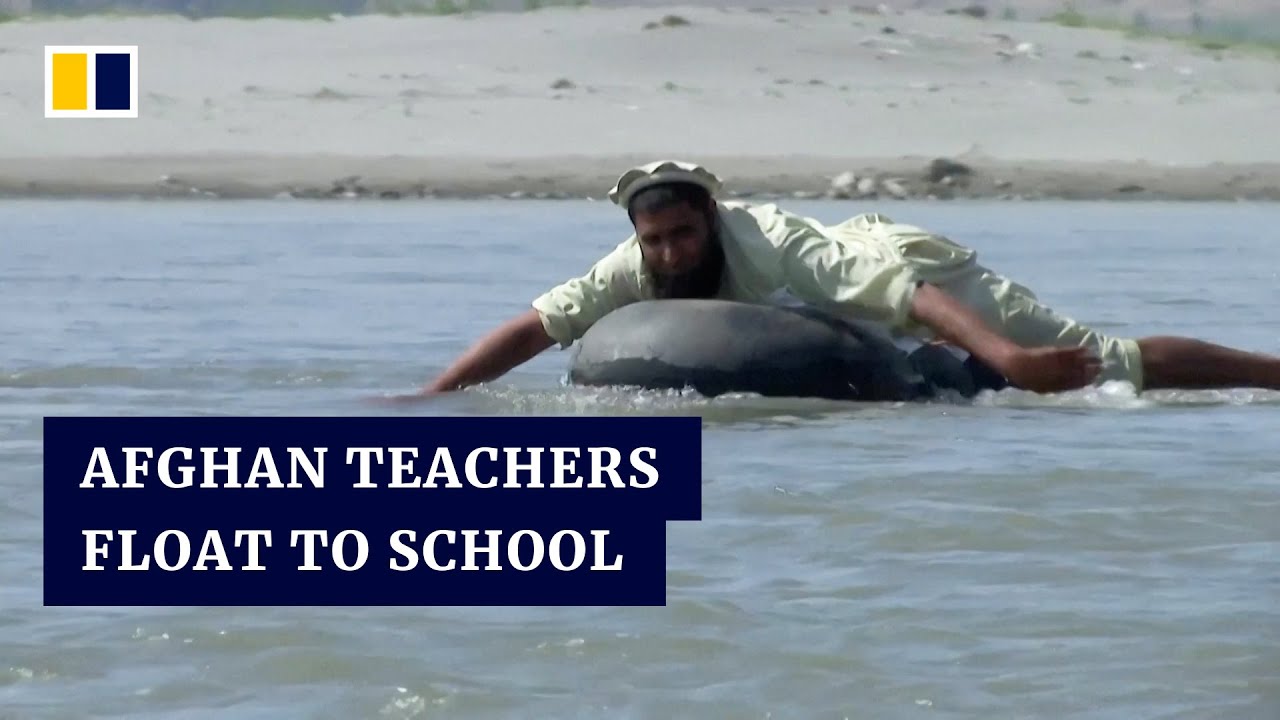 Afghan teachers commute to school on inner tubes, amid worsening financial crisis in the country