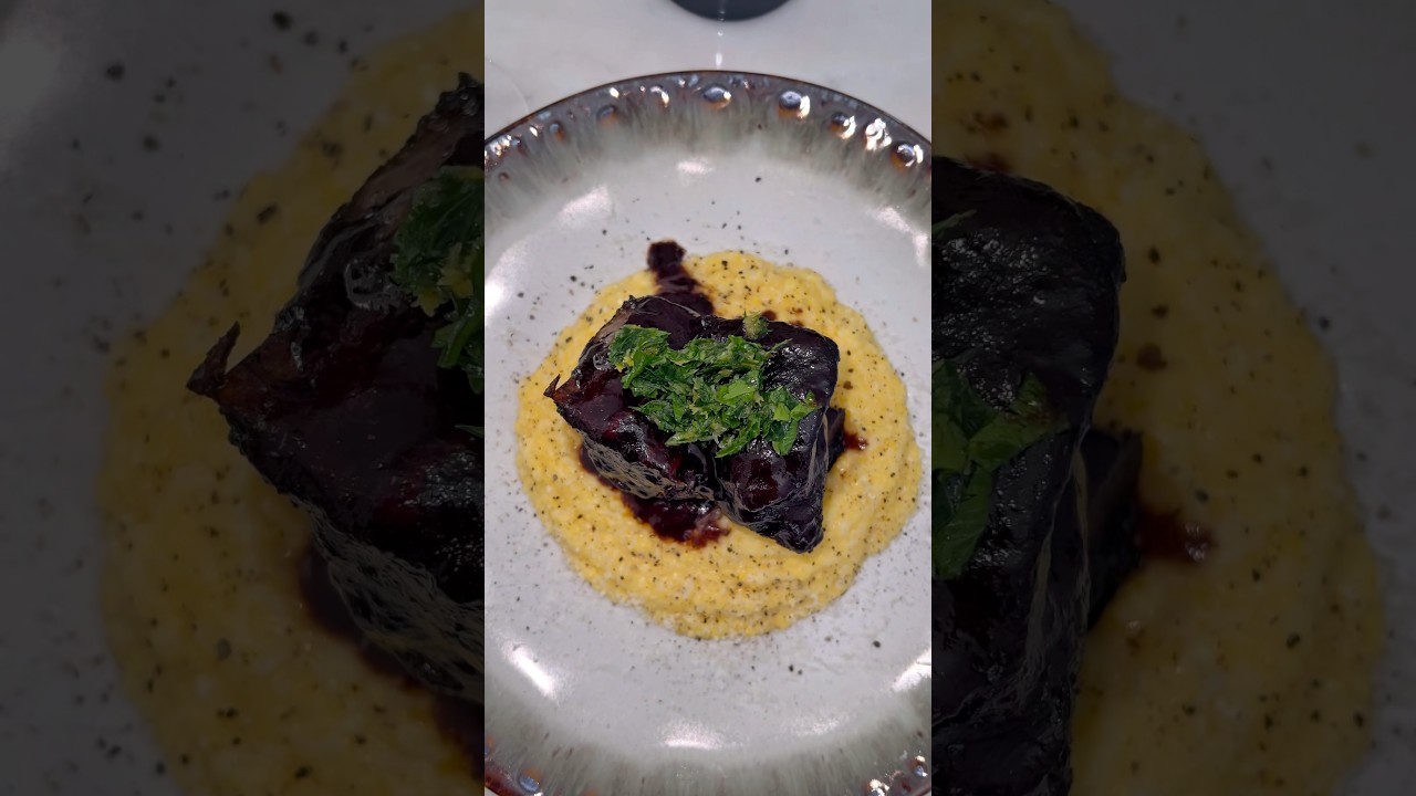 Braised short ribs over creamy polenta, with wine sauce and gremolata #food #cooking #foodie #recipe