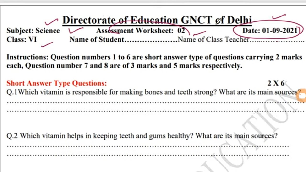 Science Assessment worksheet 2 (1/9/21)Class 6 English medium worksheet 2 assessment English medium