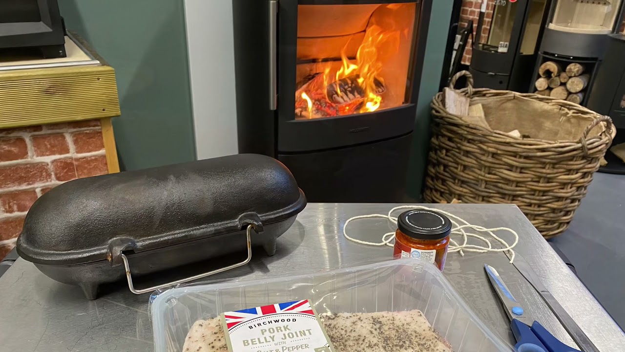 Cooking Belly Pork in / on a Wood Burning Stove - Hellfire Grill set Cast Iron Baked Potato Cooker