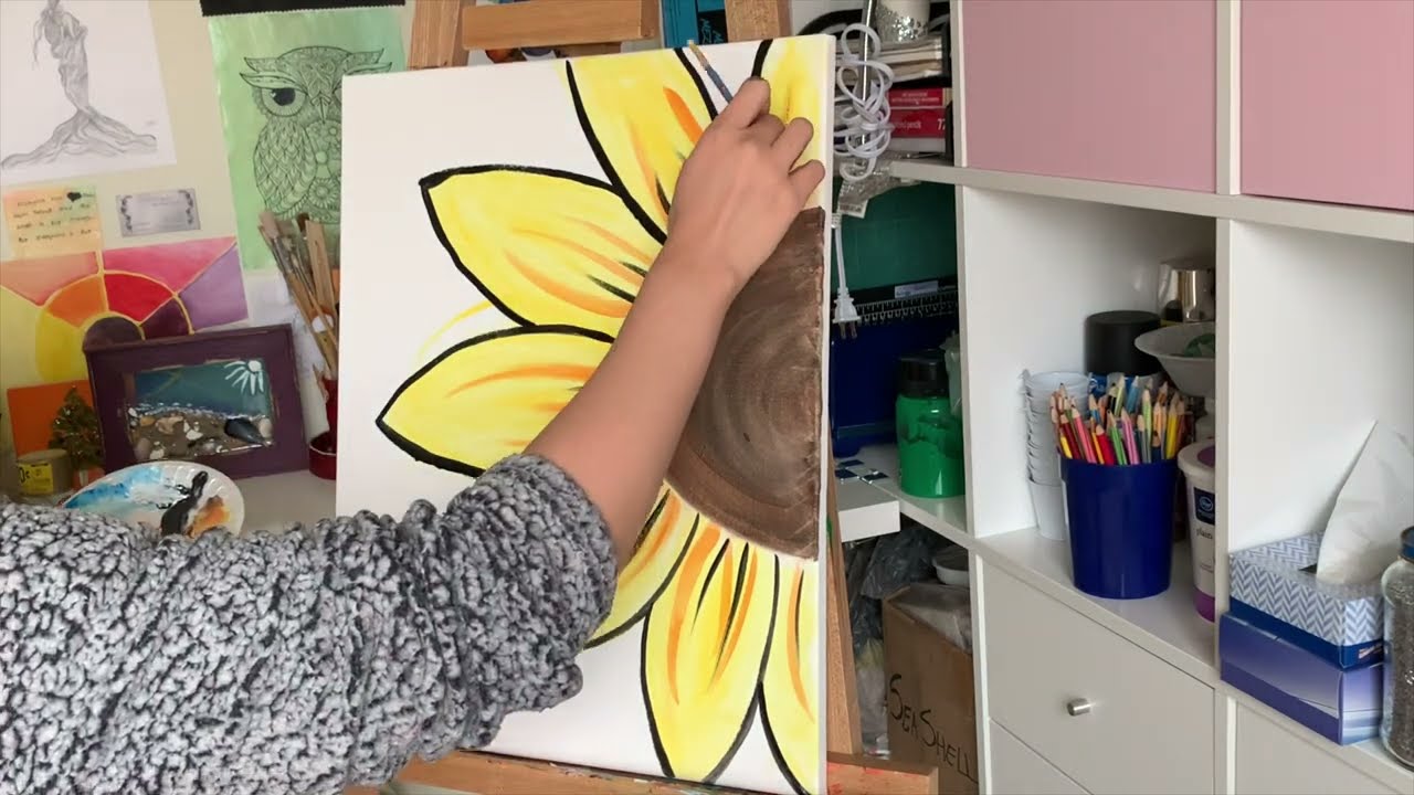 A Sunflower Painting, Step by step painting tutorial, Acrylic painting tutorial