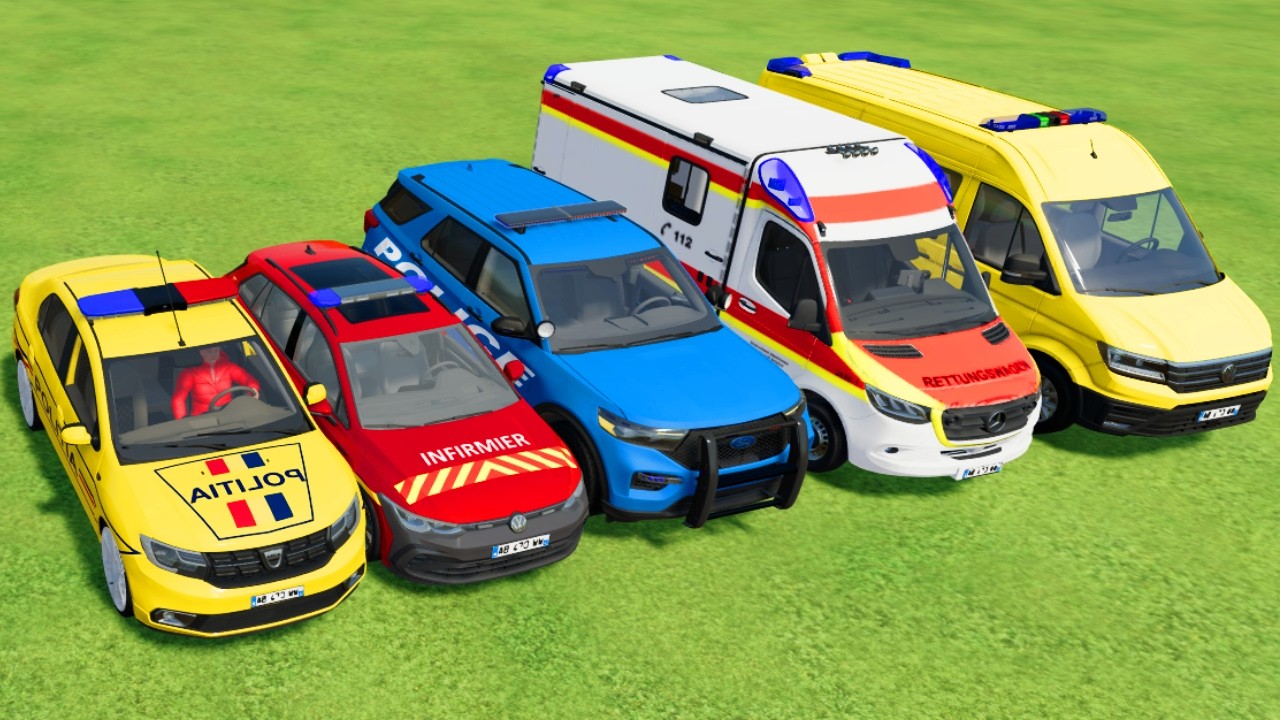 TRANSPORTING POLICE CARS, AMBULANCE, FIRE TRUCK, COLORFUL CARS WITH TRAIN -FARMING SIMULATOR 22!