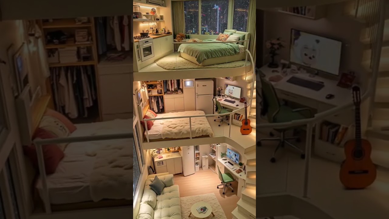 Elegant Multi Level Studio Apartment with Warm Lighting, Cozy Furnishings and Panoramic City Views