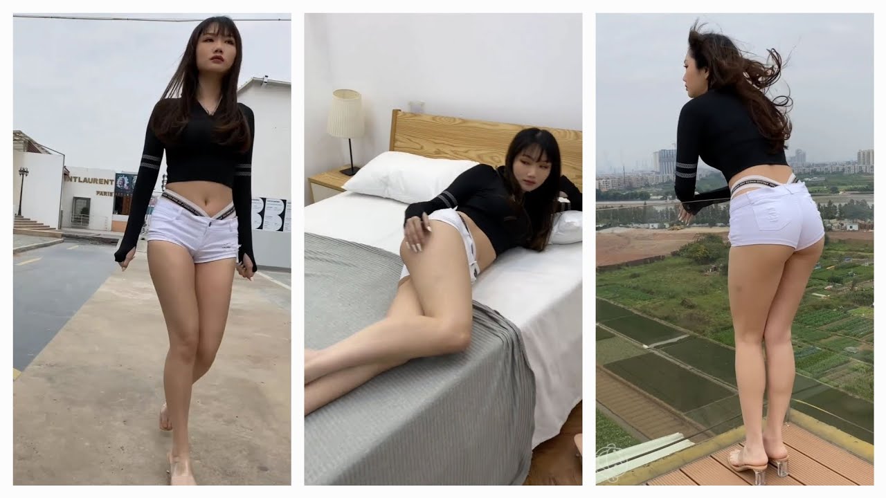 Casual Chic | Alluring Glamour : White Tight Shorts & Black Long-Sleeved Crop Top p1