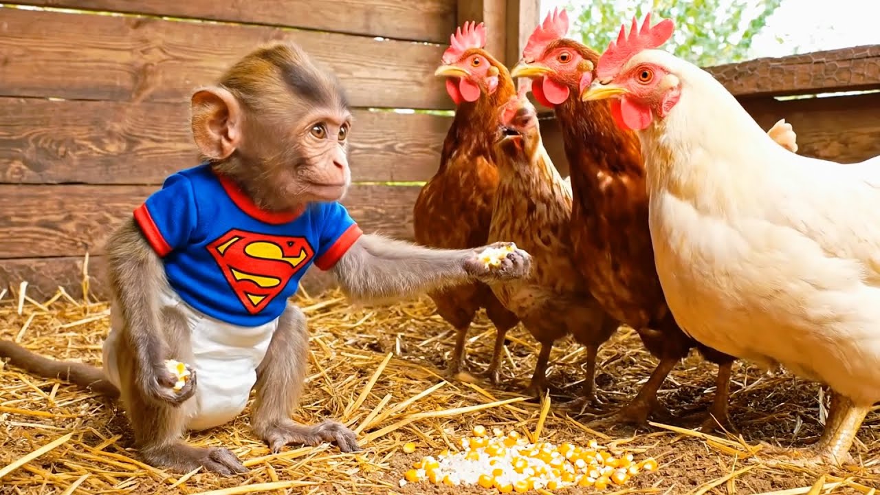 Monkey Lindo Cares for Hens and Harvests Eggs to Cook Tasty Egg Fried Rice 🍳🐒