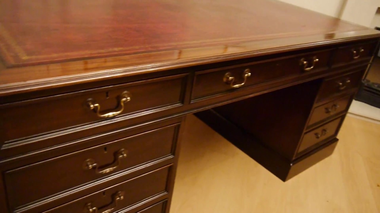 Large Reproduction Antique Mahogany Twin Pedestal Writing Desk Red Leather Top