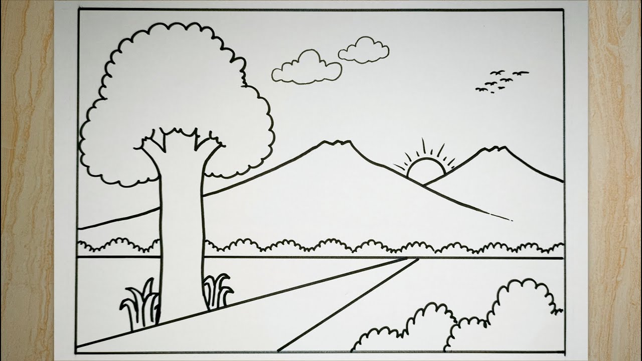 Cara menggambar pemandangan gunung simple