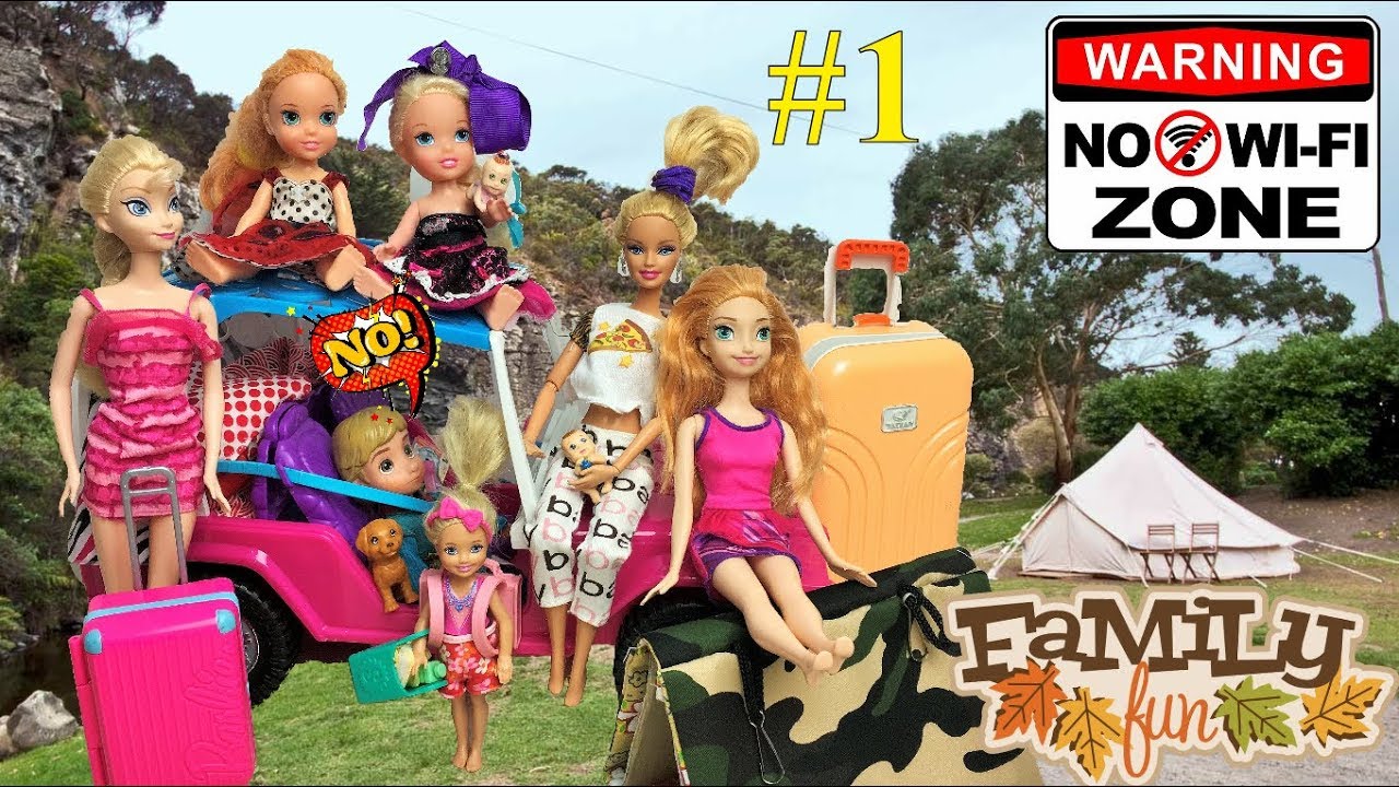 Anna and Elsa Family Pack for a Camping Trip - No Wifi Vacation Part 1 - Toddlers - Barbie - Toys