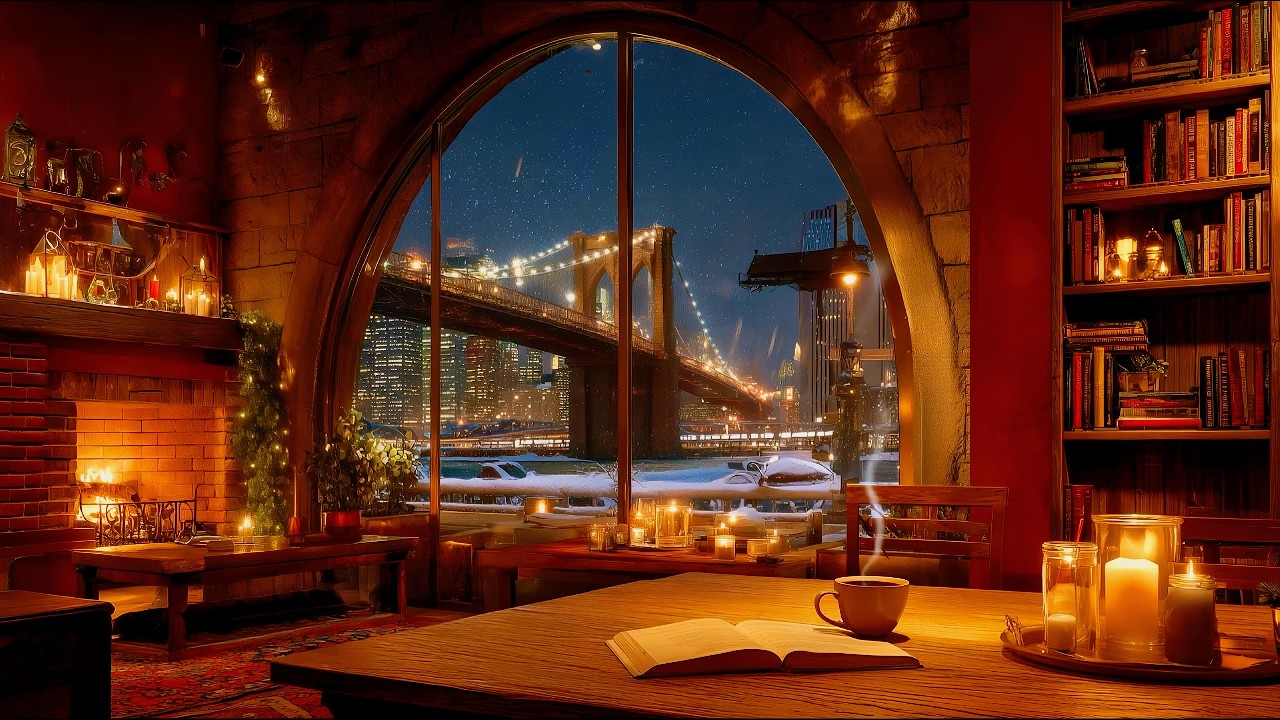 Smooth Piano Jazz in Cozy Coffee Shop ☕ Brooklyn Bridge Night Ambience for Relaxing & Studying