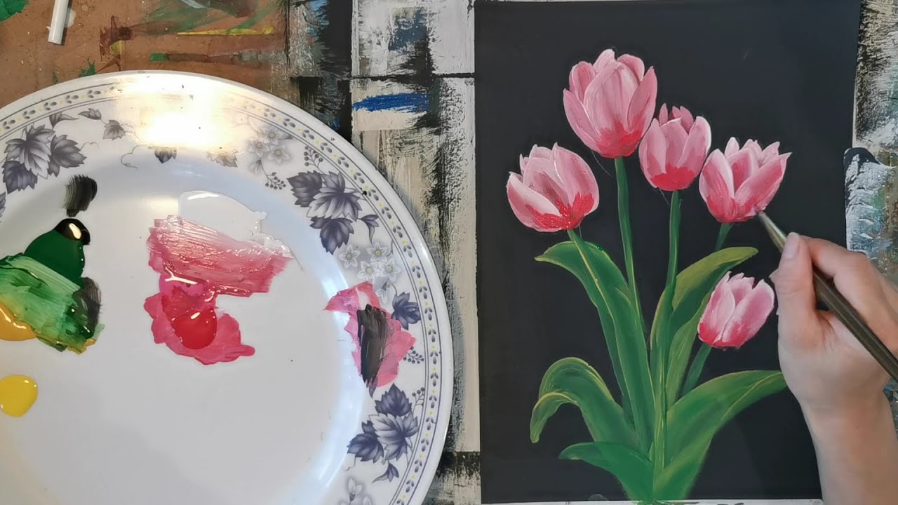丙烯双色画：怎样用双色画粉色郁金香花