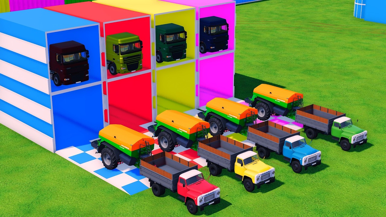 TRANSPORTING BUS, POLICE CARS, DUMP TRUCK, BOX TRUCK, FIRE TRUCK WITH SCANIA TRUCK - FS22