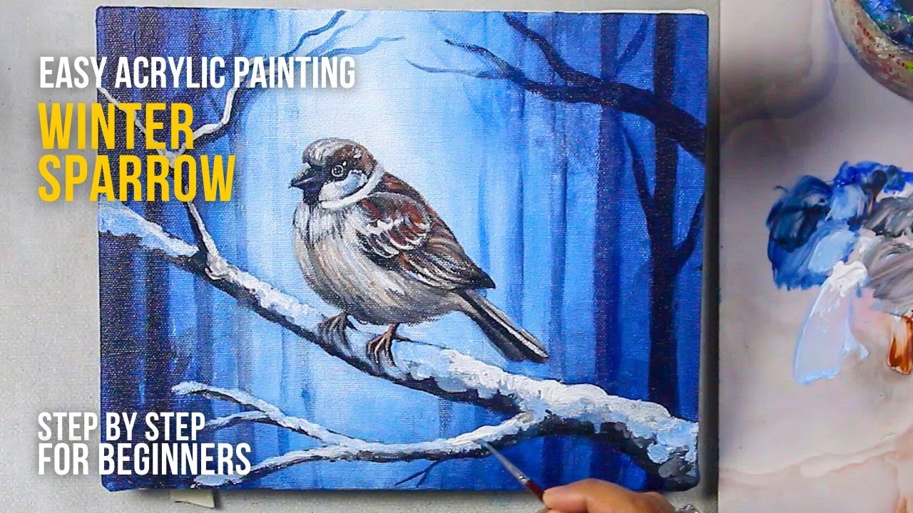 Easy Winter Sparrow Bird Acrylic Painting | Step by Step for Beginners