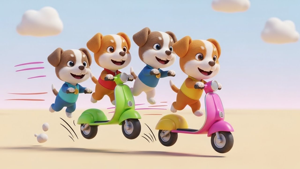 Три маленьких щенка на самокате 🐶🛴😄 | Мультфильм для детей и весёлые гонки