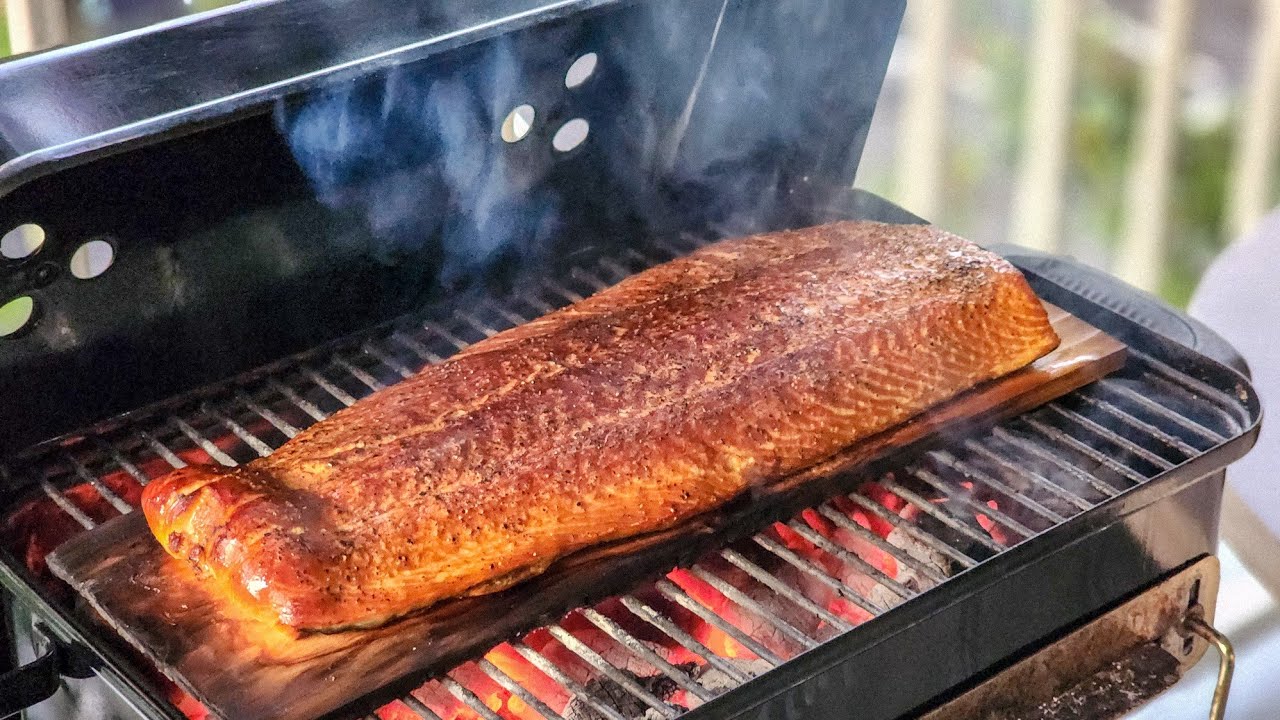 Cedar plank  salmon, Weber go anywhere charcoal grill