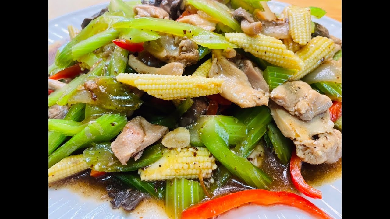 Chicken Stir Fry with Celery and Young Corn | quick and easy stir fry recipe