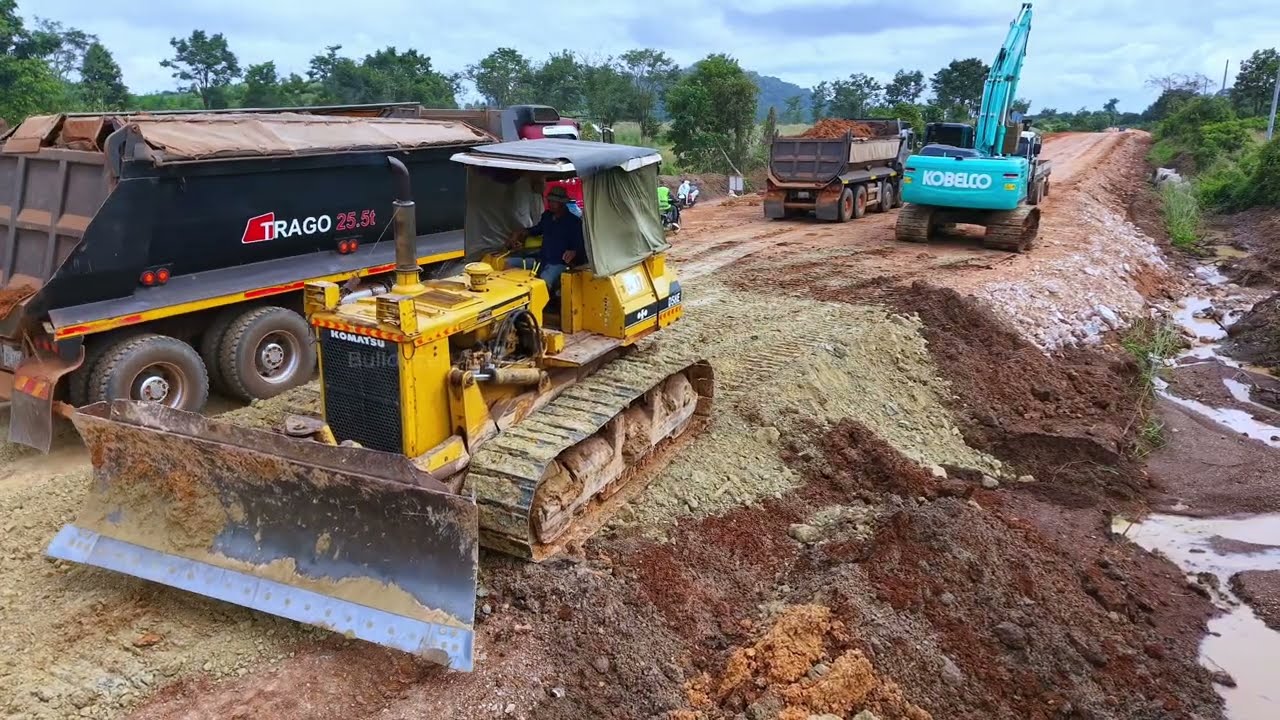 Unbelievable Teamwork! Komatsu Dozer Excavtor & Dump Truck Fix Flooded Dirt Road for Construction