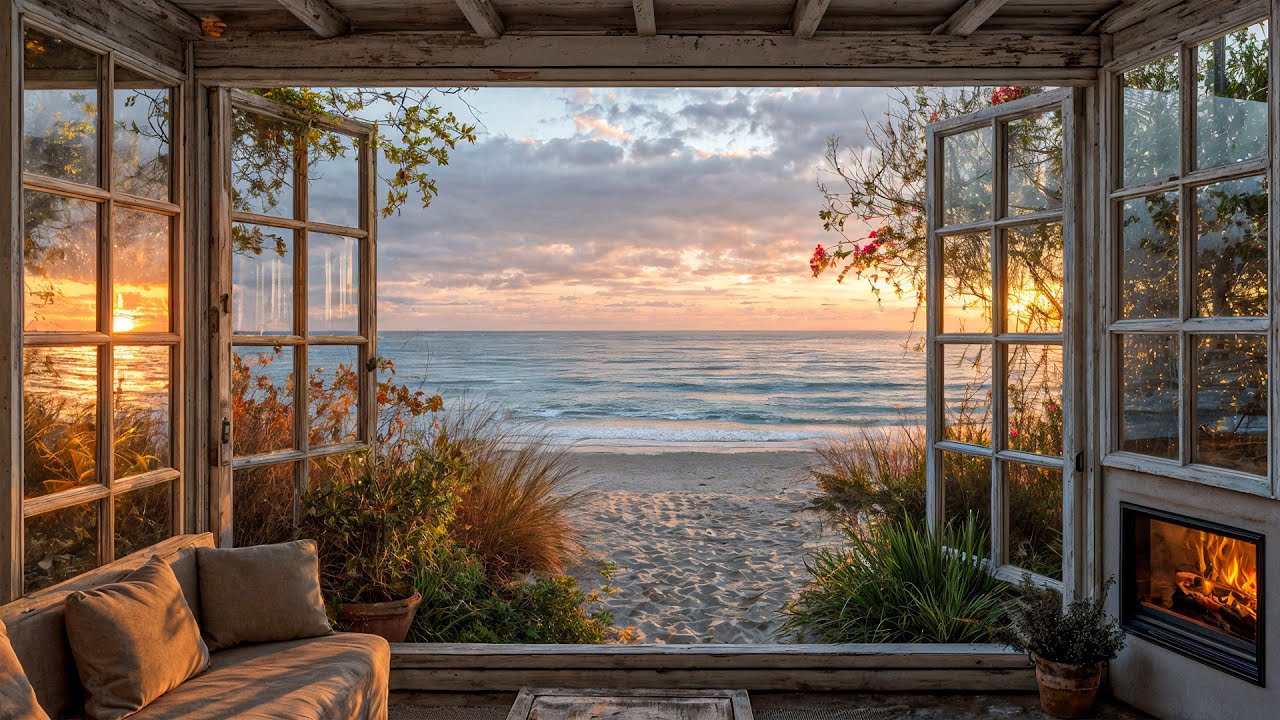Sunset Ocean Window Cabin 🌅🔥 | Fireplace & Sea Waves for Deep Sleep & Relaxation