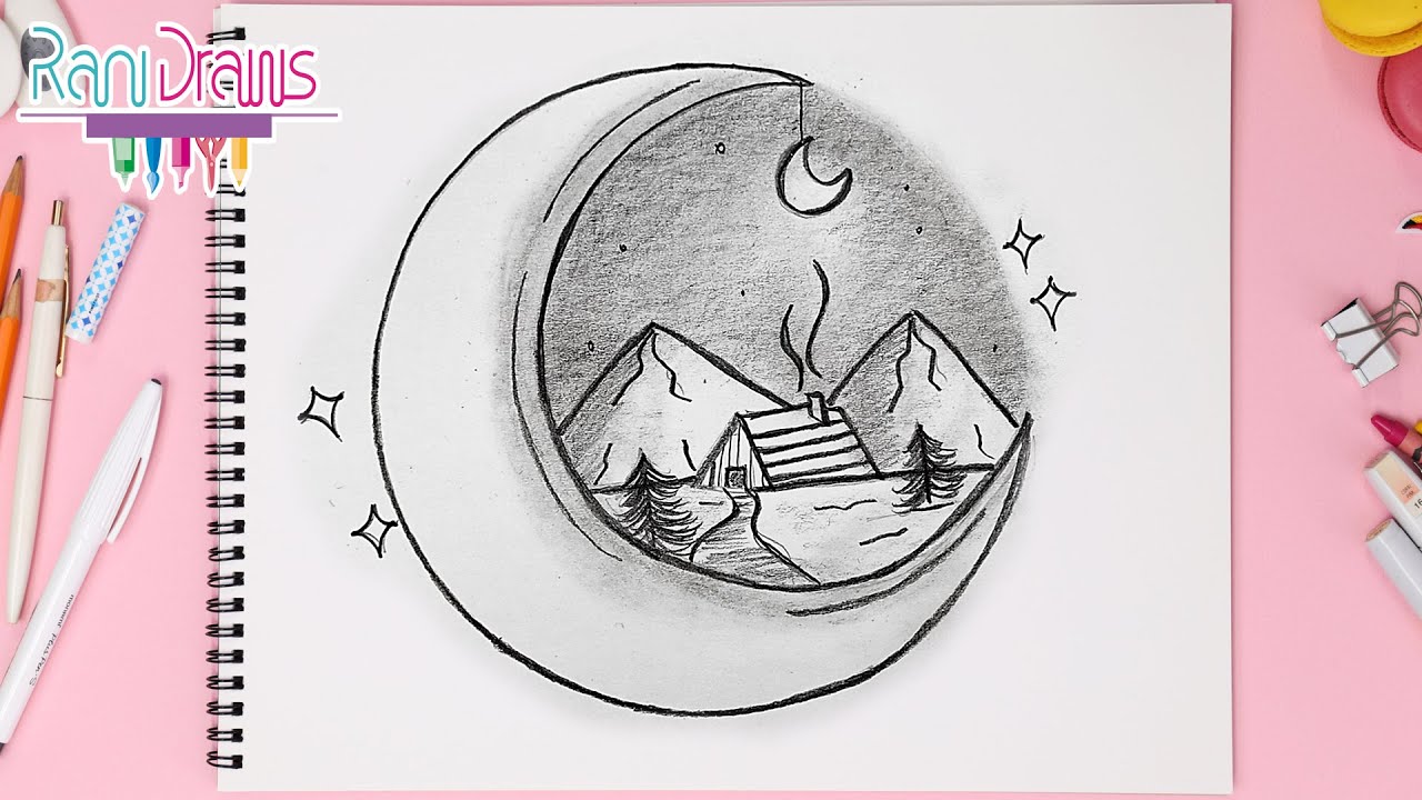 Cómo dibujar un PAISAJE CON LÁPIZ (luna en las montañas) FÁCIL - Paso a paso - RaniDraws