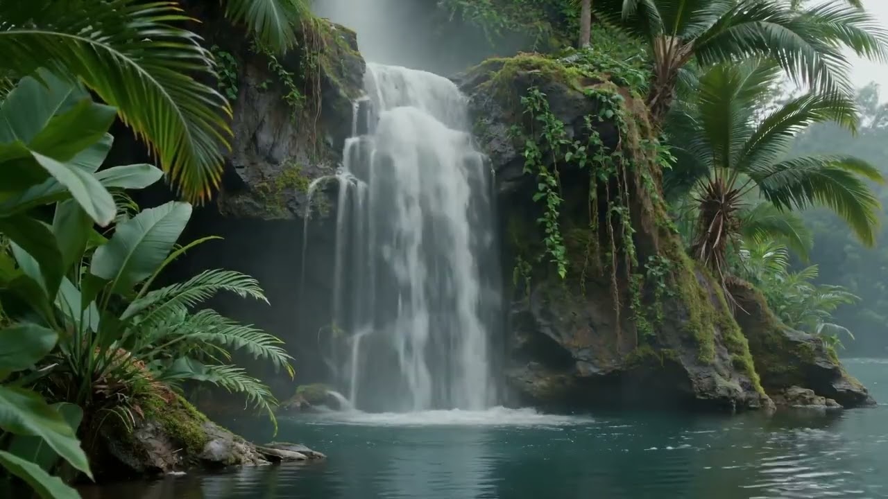 4K Tropical Waterfall 🌴 Island Jungle Ambience & Natural Water Sounds (8 Hours)