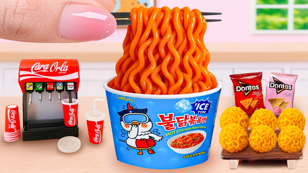 How To Cook Tiny Cold Korean Ramen with Doritos Cheese Snacks by Tony Mini Food