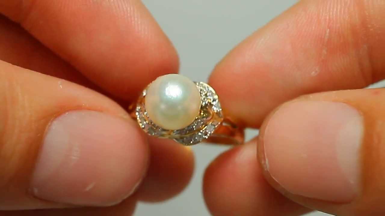 Twinkling White natural Pearl & Diamond Engagement Ring 14k