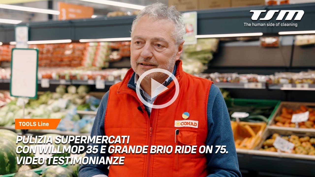 Pulizia Supermercati - Pulizia pavimenti con WILLMOP 35 e GRANDE BRIO RIDE ON 75.