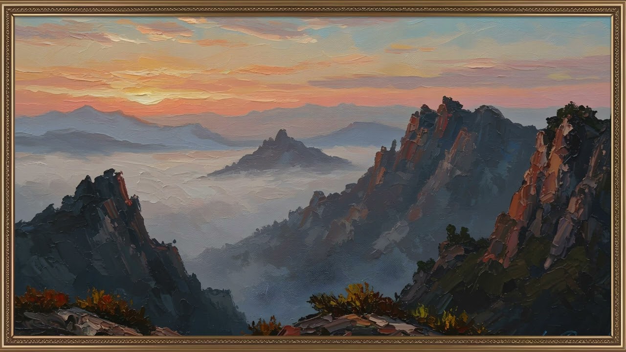 🏞️ Vintage Mountain Landscape Oil Painting | Gold Frame TV Art Screensaver for TV Wallpaper
