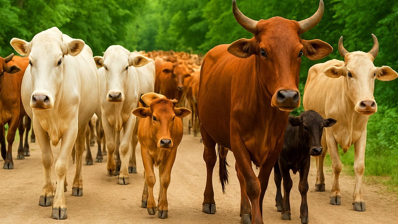 Vidio Mengembala sapi-sapi jinak bergerombolan menyusuri jalan menuju sawah hijau luas,Suasana alam.